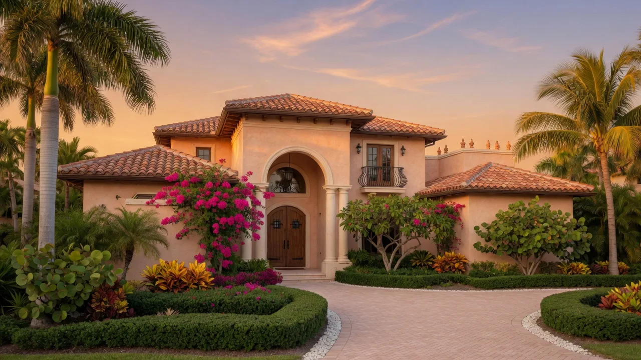 A beautiful coastal luxury home exterior in Sarasota with Mediterranean architecture, tropical landscaping, and warm golden-hour light