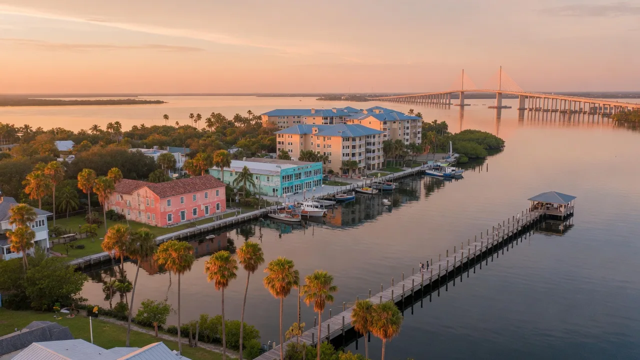 Palmetto Florida waterfront along the Manatee River with fishing pier and palm trees at golden hour