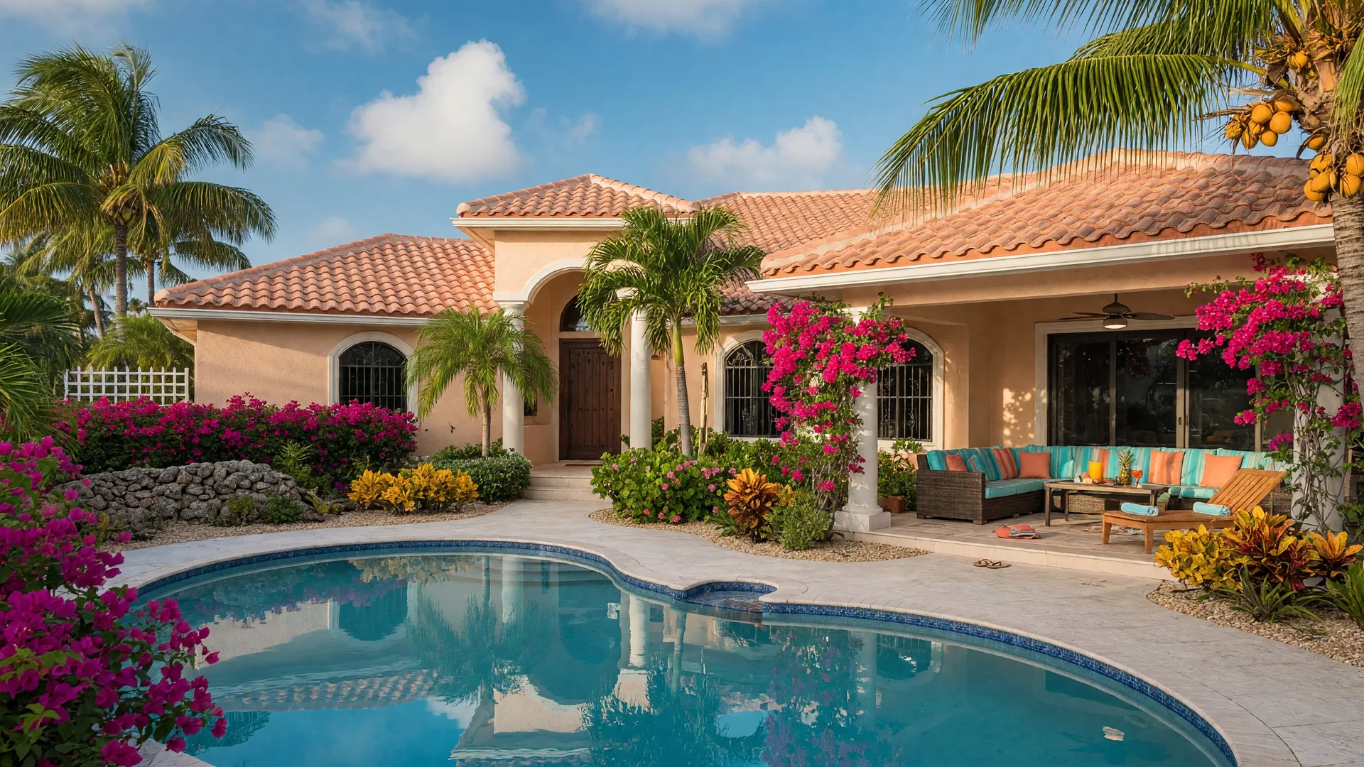 A beautiful coastal Southwest Florida home with Mediterranean architecture, terracotta roof tiles, tropical landscaping, and a crystal-clear pool reflecting the blue sky