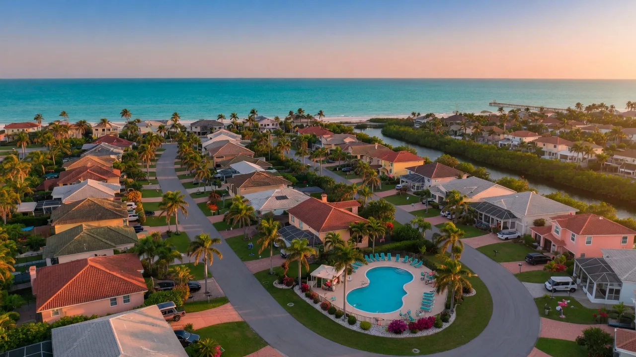 An aerial view of a Sarasota Florida neighborhood with palm-lined streets and Gulf waters in the distance