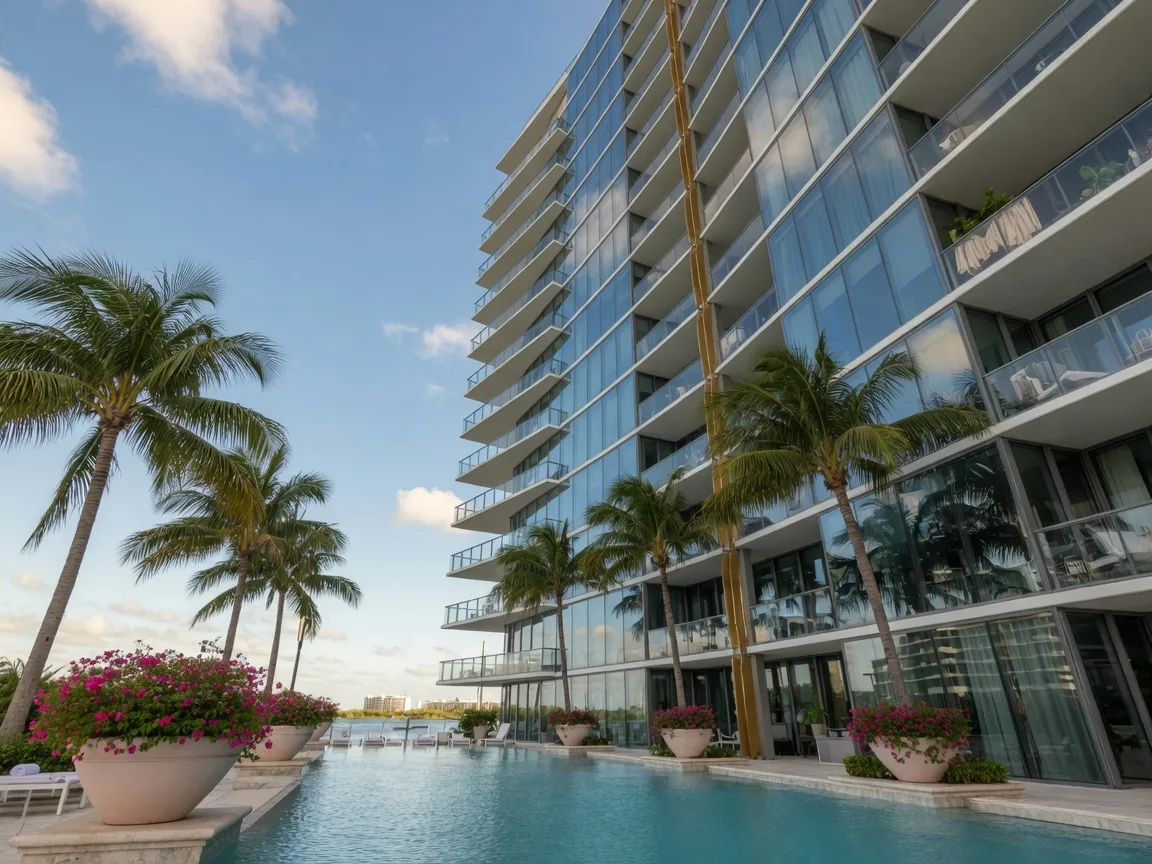 A modern luxury condominium building in Sarasota Florida with curved glass balconies overlooking Sarasota Bay