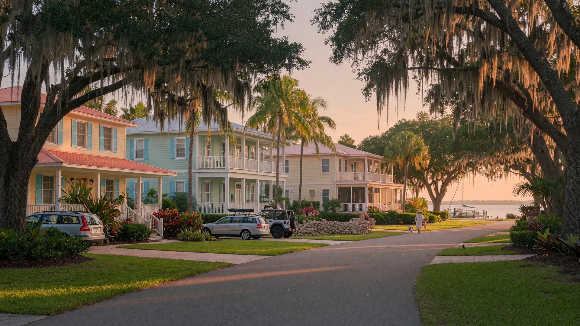 A serene coastal Florida neighborhood at golden hour with tree-lined streets, mature palms, and elegant homes