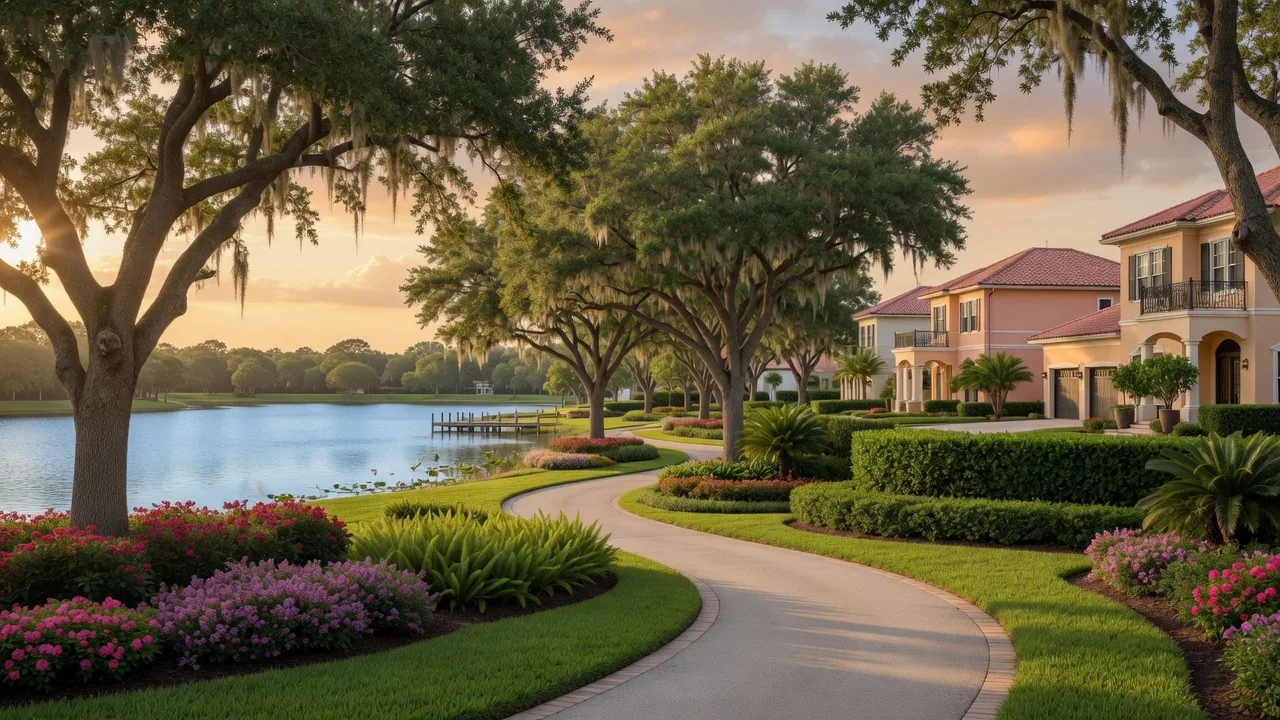 Lakewood Ranch trail system winding through manicured landscaping and a scenic lake