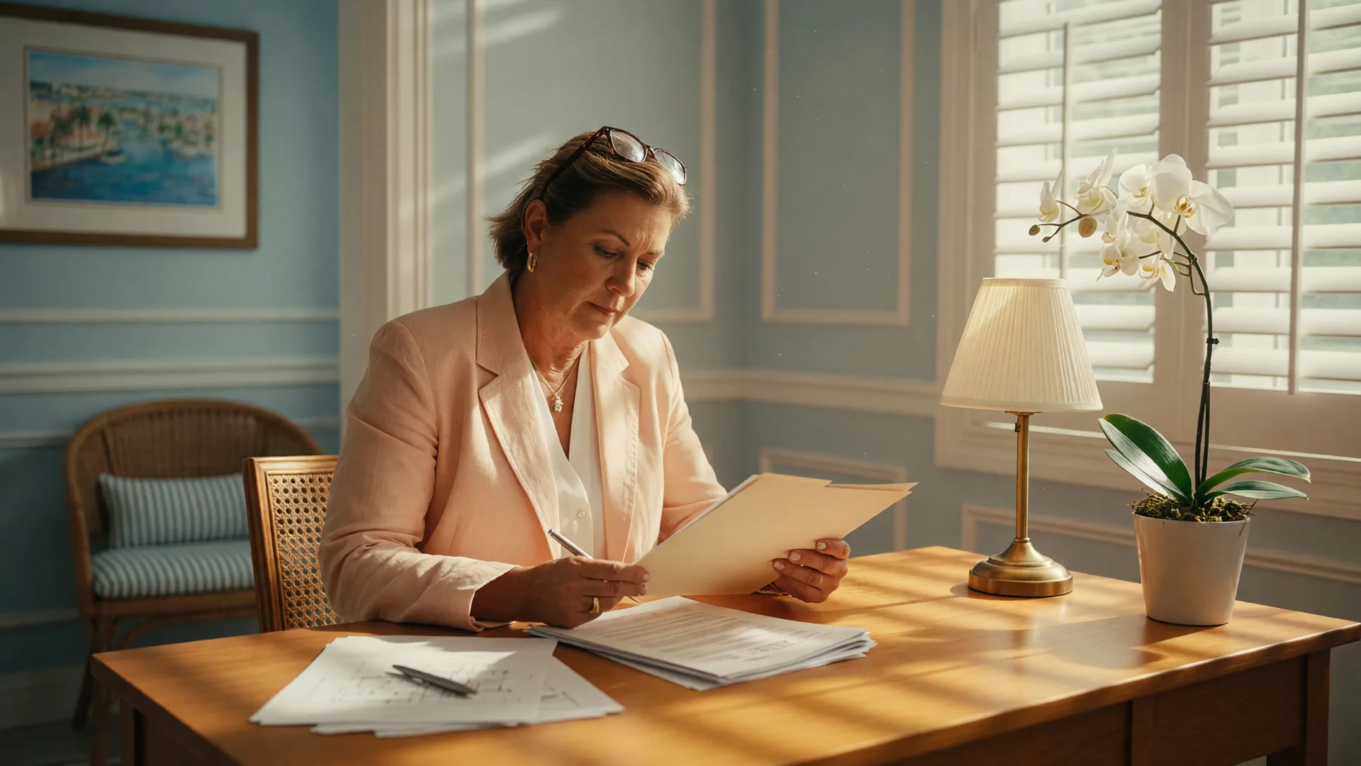 A real estate agent reviewing paperwork at a desk in a sunlit Sarasota office with warm coastal tones and natural light