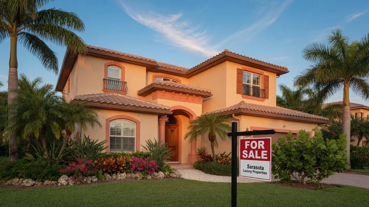 A luxury Sarasota home with a for sale sign on a sunny day with tropical landscaping