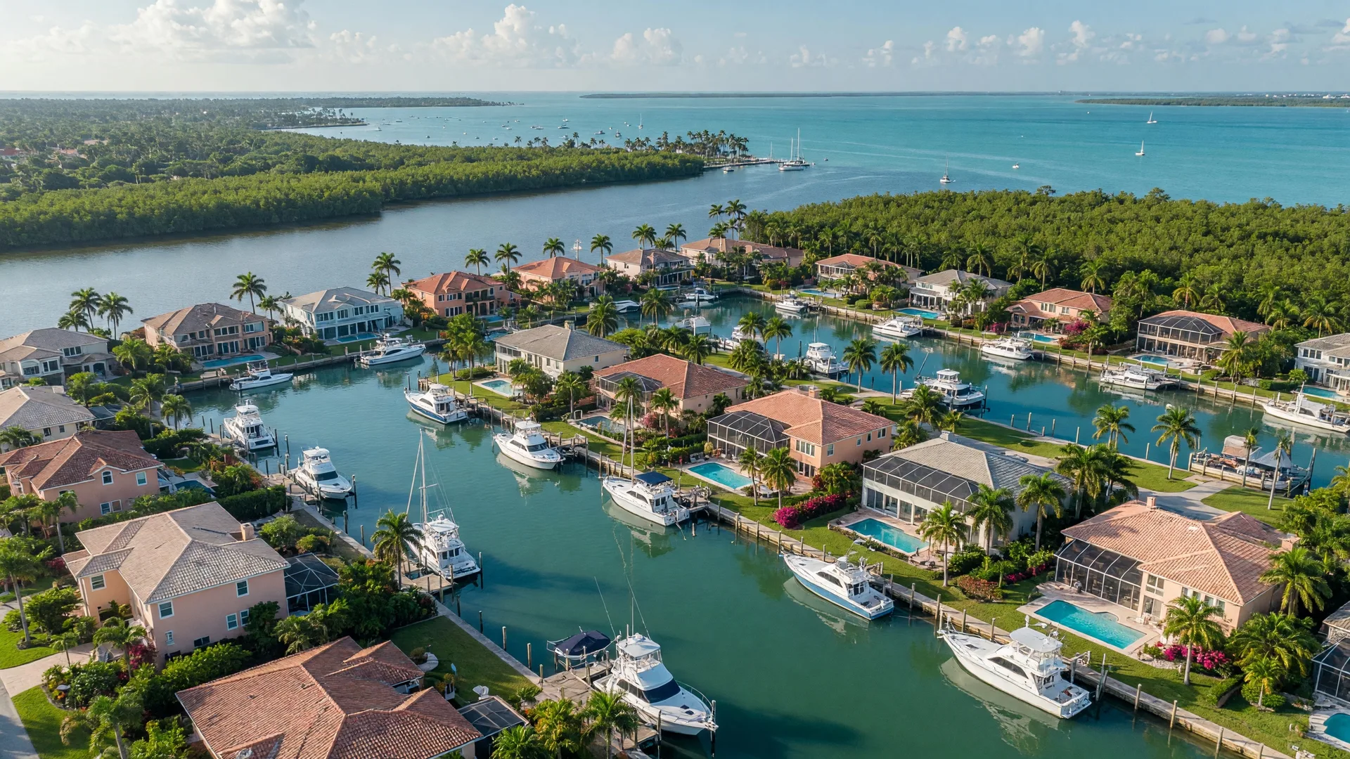 Aerial view of Punta Gorda Isles in Charlotte County Florida showing saltwater canals lined with waterfront homes and boats docked at private piers
