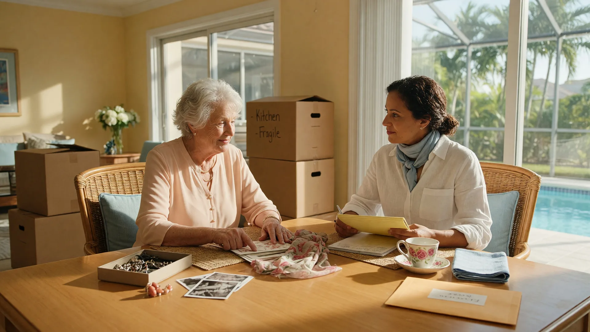 A senior woman and a professional organizer sitting together at a sunlit dining table in a bright Florida home, reviewing belongings during a downsizing move