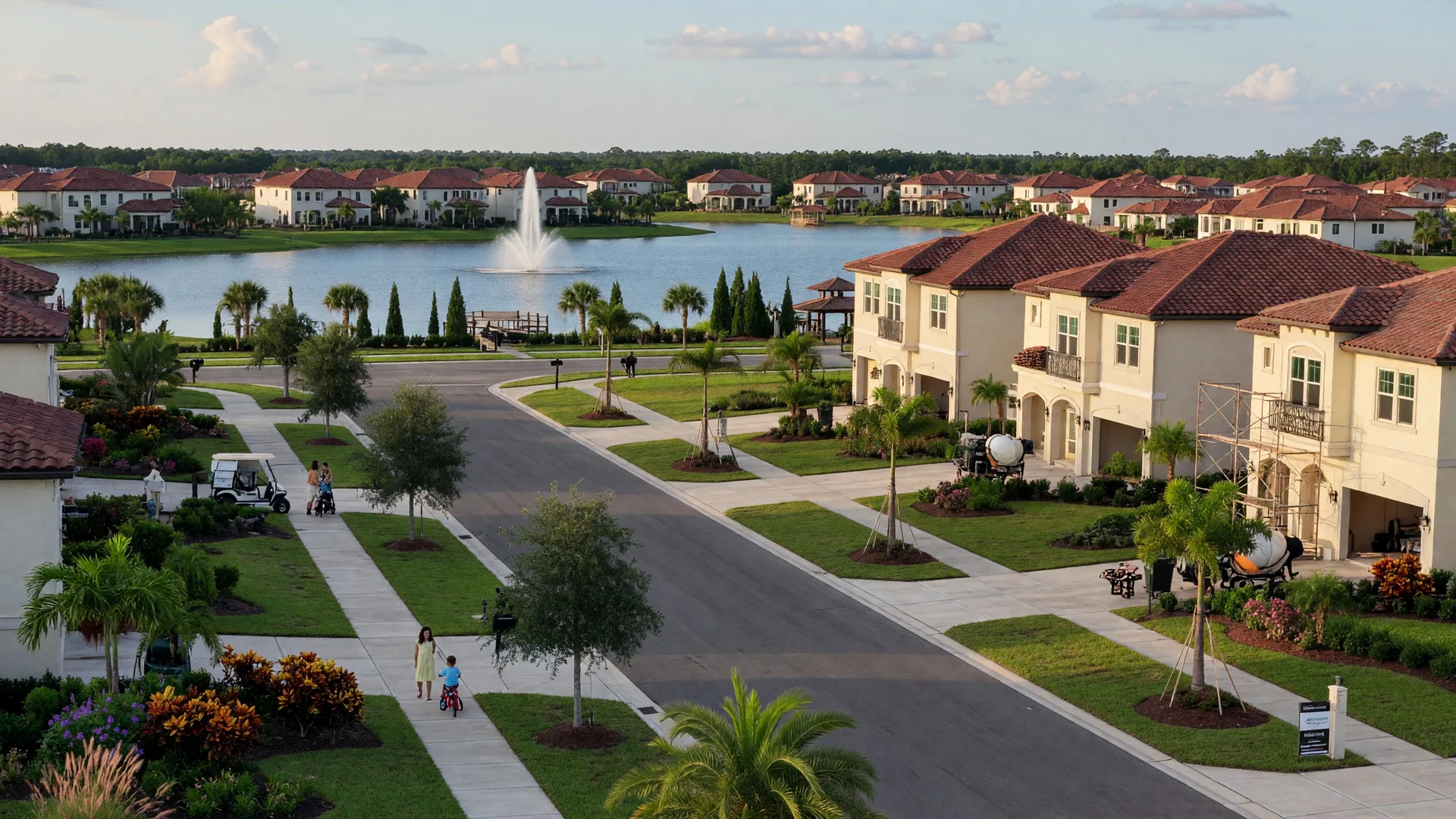 A tree-lined boulevard in a modern master-planned community in Parrish, Florida with new construction homes, a community lake, and tropical landscaping under a clear blue sky