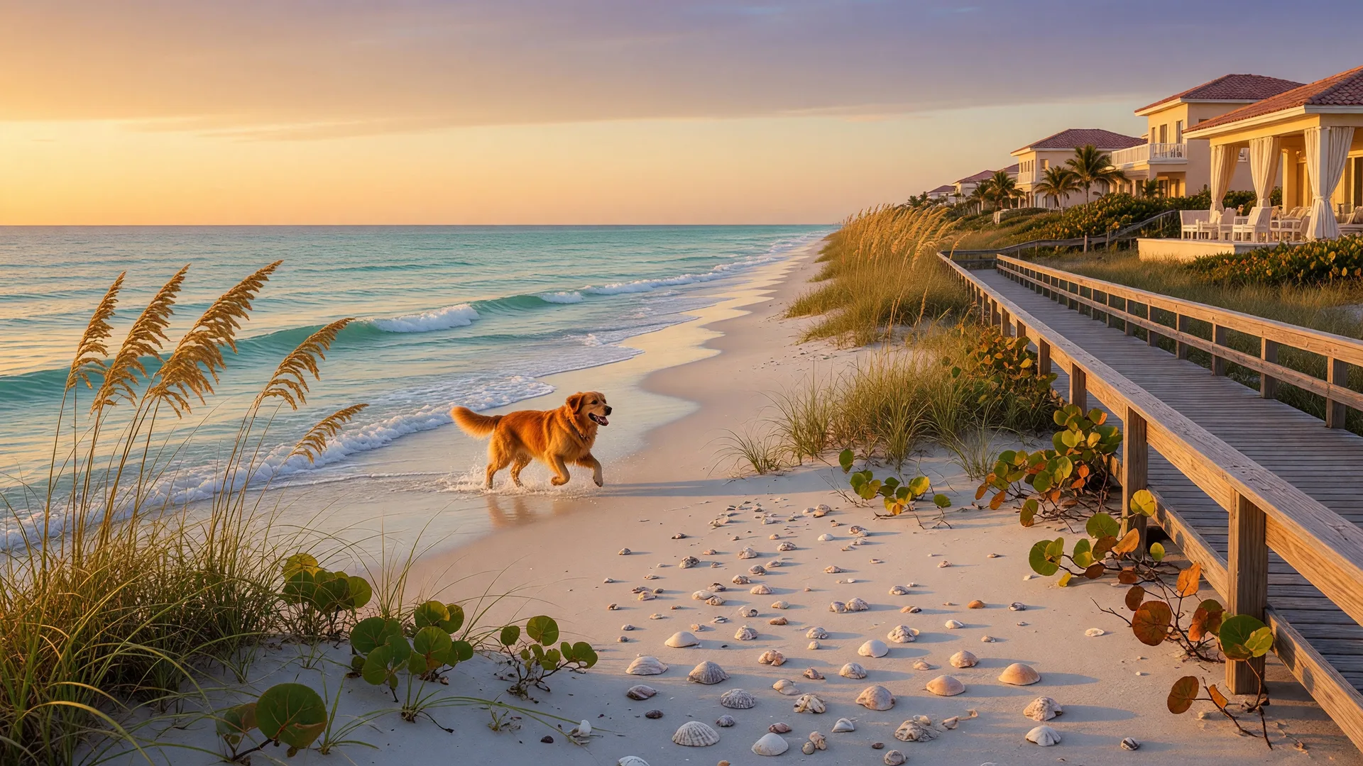 Golden retriever running on a Sarasota beach at golden hour with turquoise Gulf waters and soft white sand