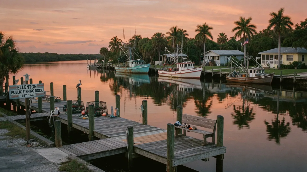 Ellenton Florida Manatee River waterfront with a fishing dock and palm trees at sunset