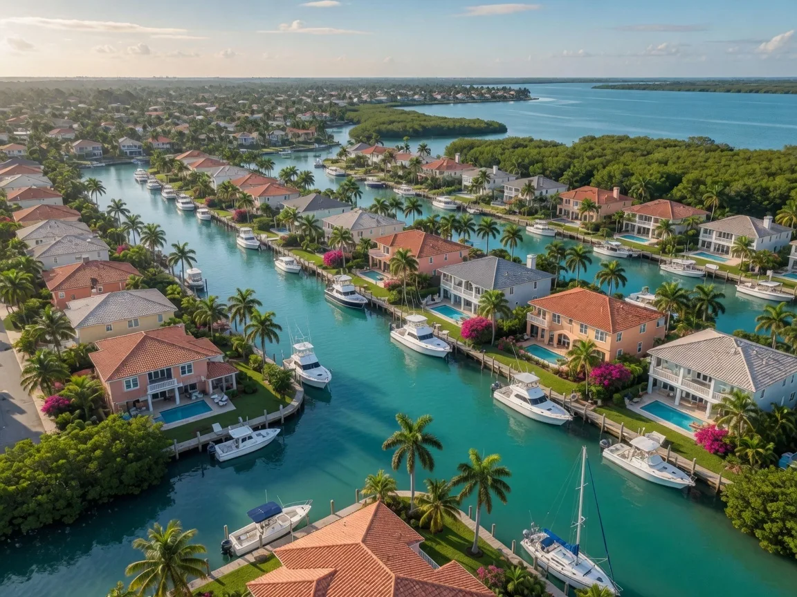 Aerial view of Punta Gorda Isles in Charlotte County showing saltwater canals lined with waterfront homes and boats