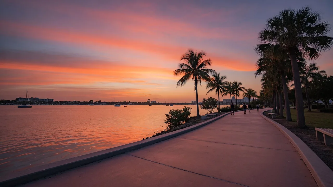 Aerial view of the Sarasota waterfront skyline at golden hour, showing the bay and downtown