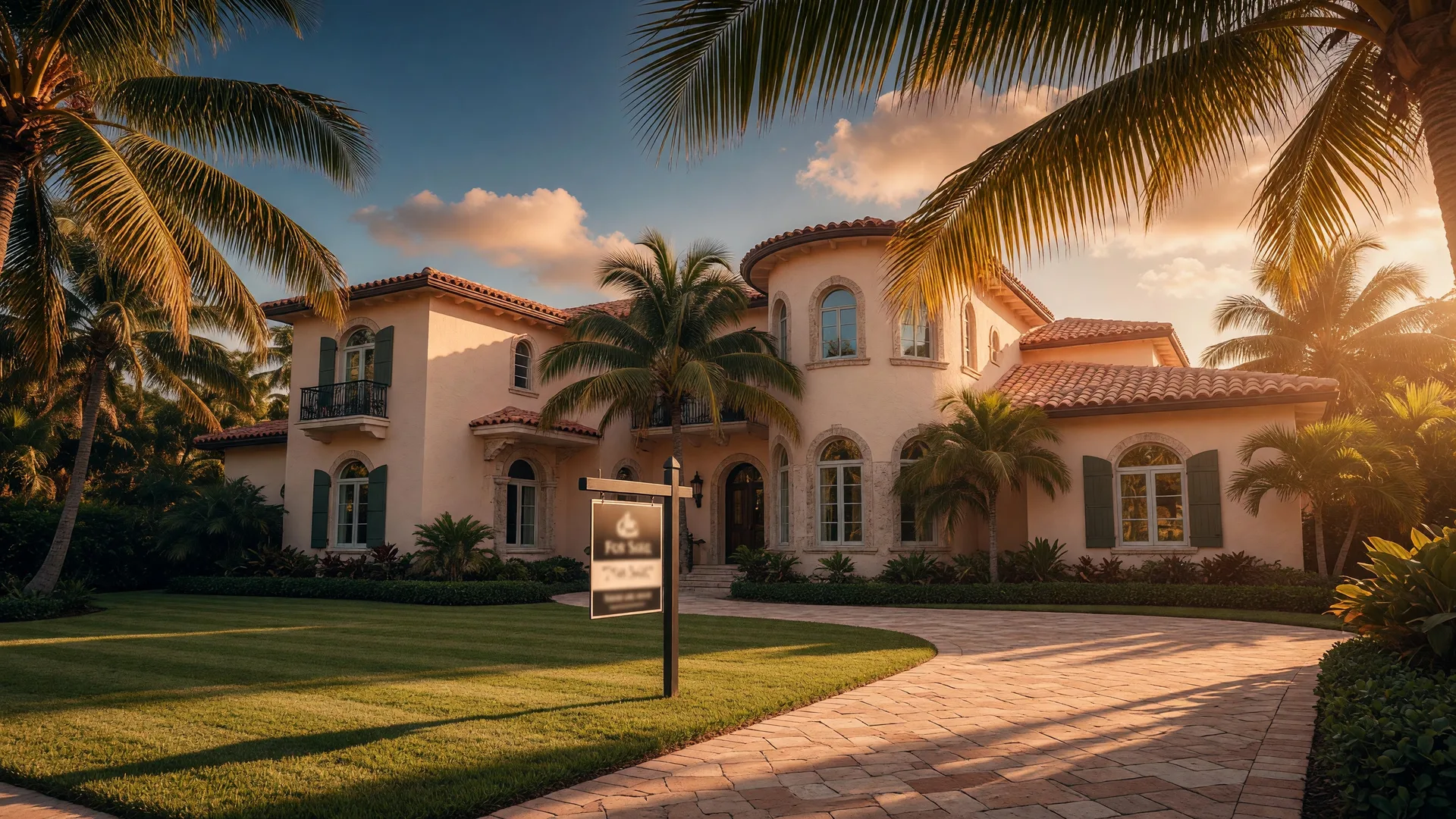 A luxury Florida coastal home exterior at golden hour with Mediterranean-style architecture, terracotta roof tiles, arched windows, and a For Sale sign in the manicured front lawn