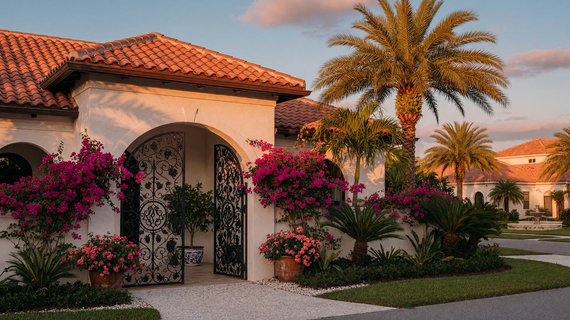 Mediterranean-inspired Florida home exterior with terracotta tile roof, white stucco walls, and tropical landscaping in a well-maintained community