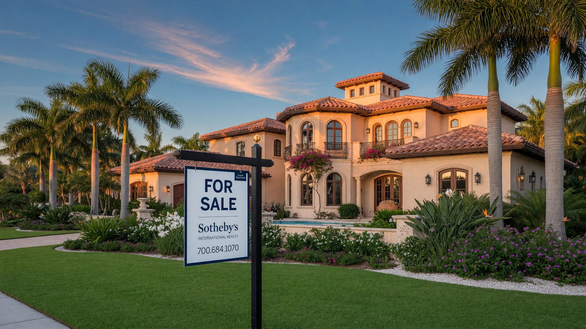 A modern For Sale sign in front of a luxury Florida home in Sarasota with Mediterranean architecture and tropical landscaping