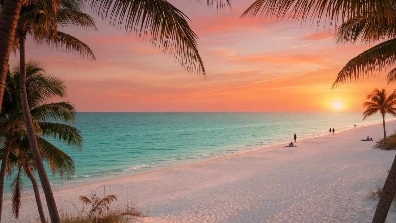 Siesta Key Beach at golden hour with pristine white sand and turquoise Gulf waters