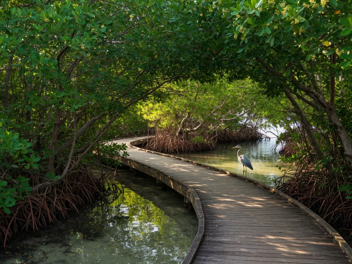 A wooden boardwalk trail winding through lush green mangroves over calm water in a Florida nature preserve