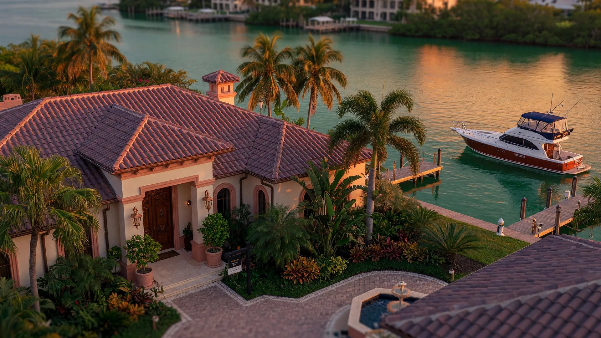 Luxury waterfront home in Sarasota at golden hour with tropical landscaping