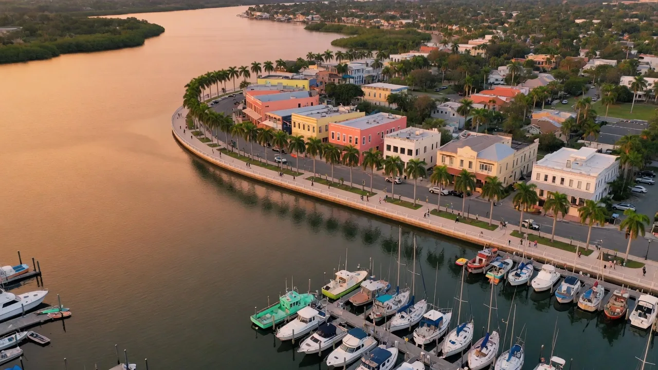 Aerial view of Punta Gorda Florida waterfront with the Harborwalk, marina, and Charlotte Harbor at golden hour