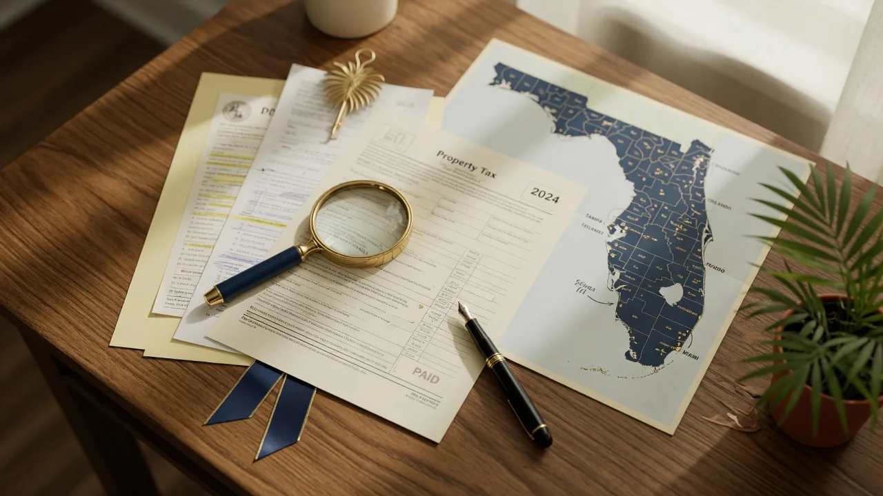Property tax documents, a pen, and a Florida state map on a warm wooden desk with natural light