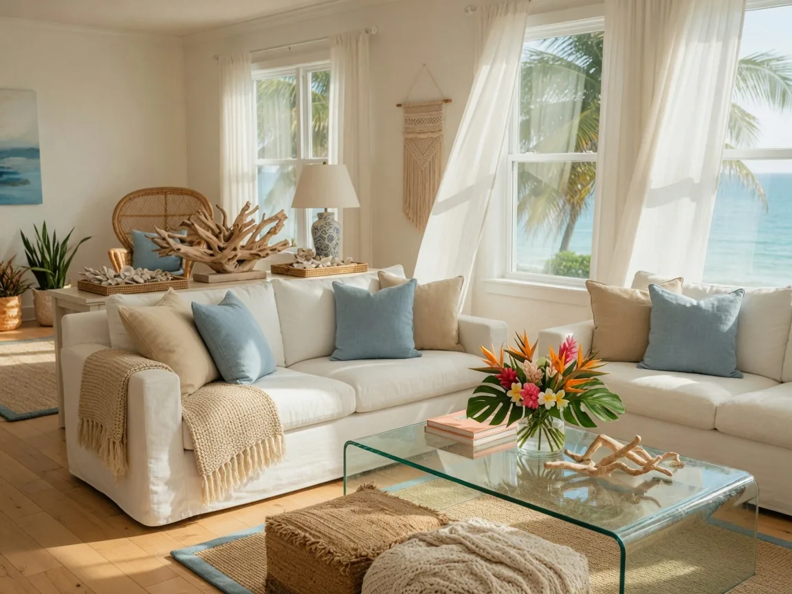 Elegantly staged Florida home living room with coastal decor and natural light