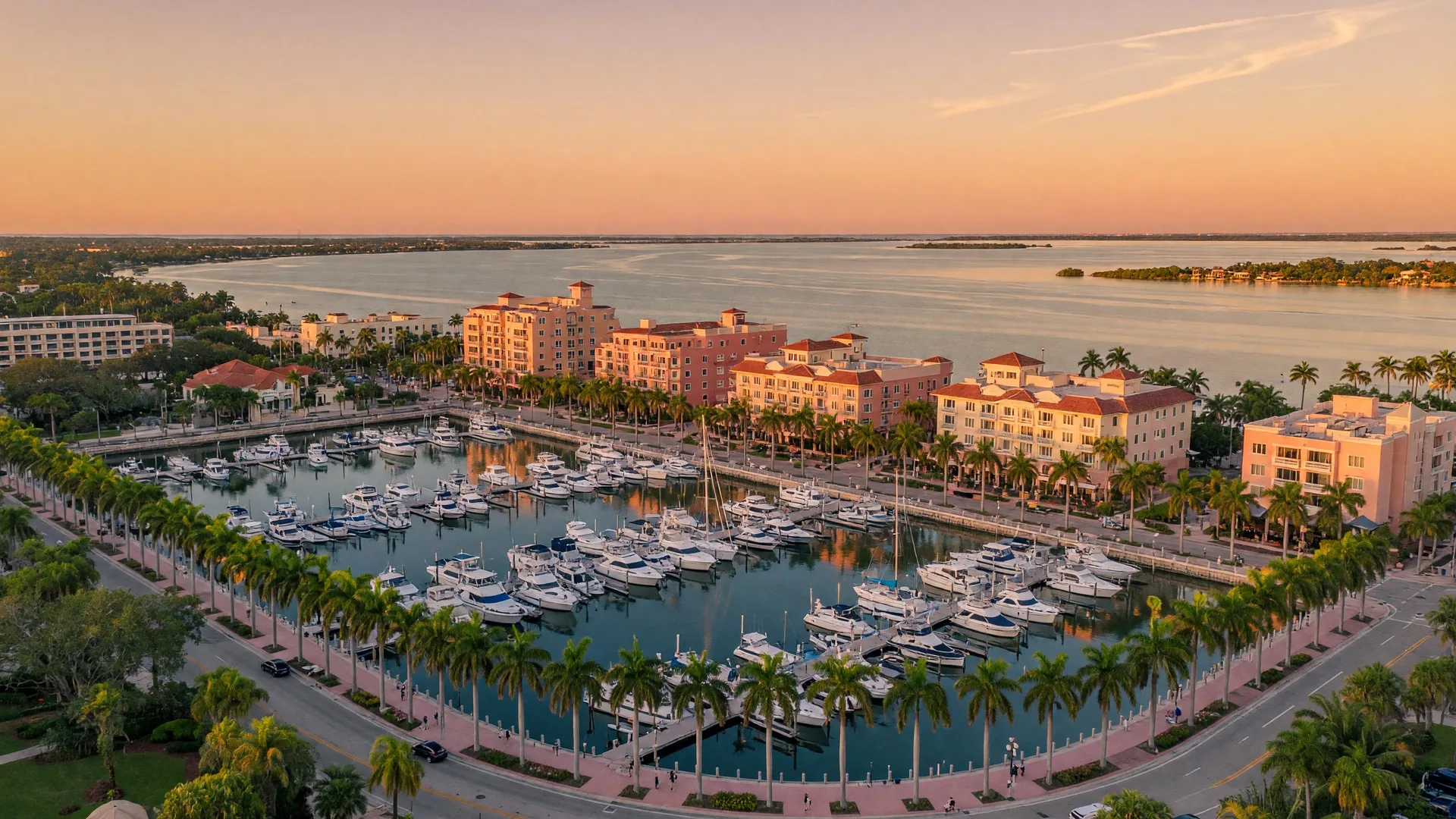 Outdoor dining on a charming Sarasota street with string lights, tropical plants, and Mediterranean-style restaurant buildings