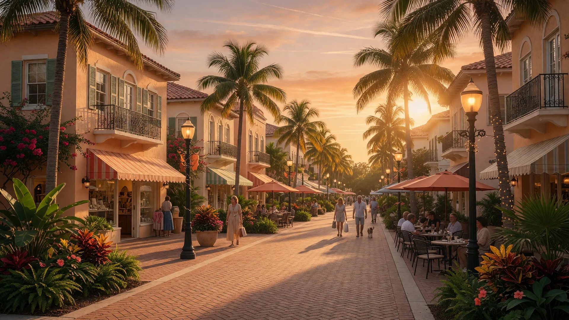 Historic downtown Venice, Florida along Venice Avenue with Italian-inspired architecture, palm trees, and boutique shops at golden hour
