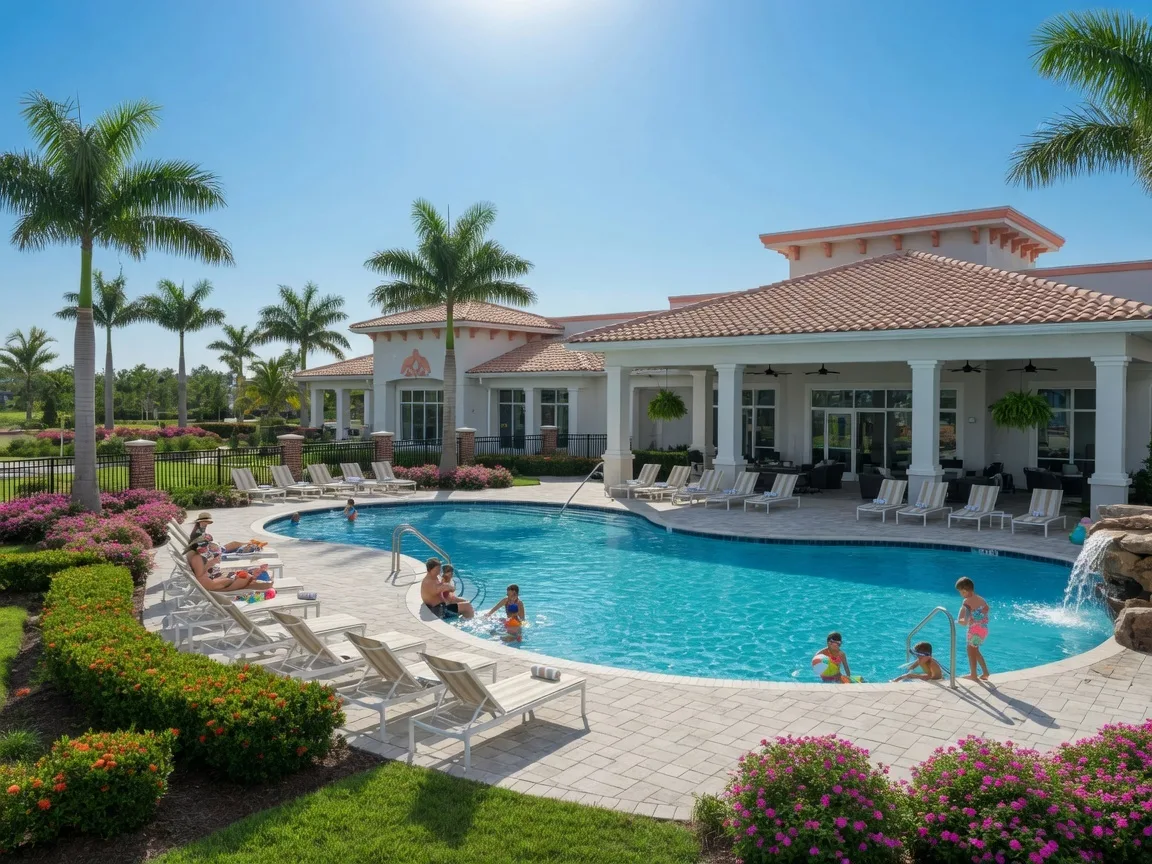 Resort-style community pool and clubhouse in the Summerwoods master-planned community in Parrish, Florida with palm trees and loungers