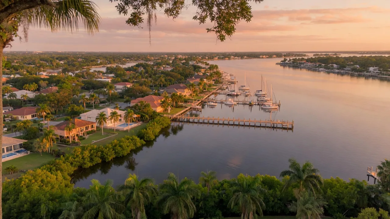 Aerial view of Port Charlotte Florida showing Charlotte Harbor waterfront, residential neighborhoods, and calm harbor waters at golden hour