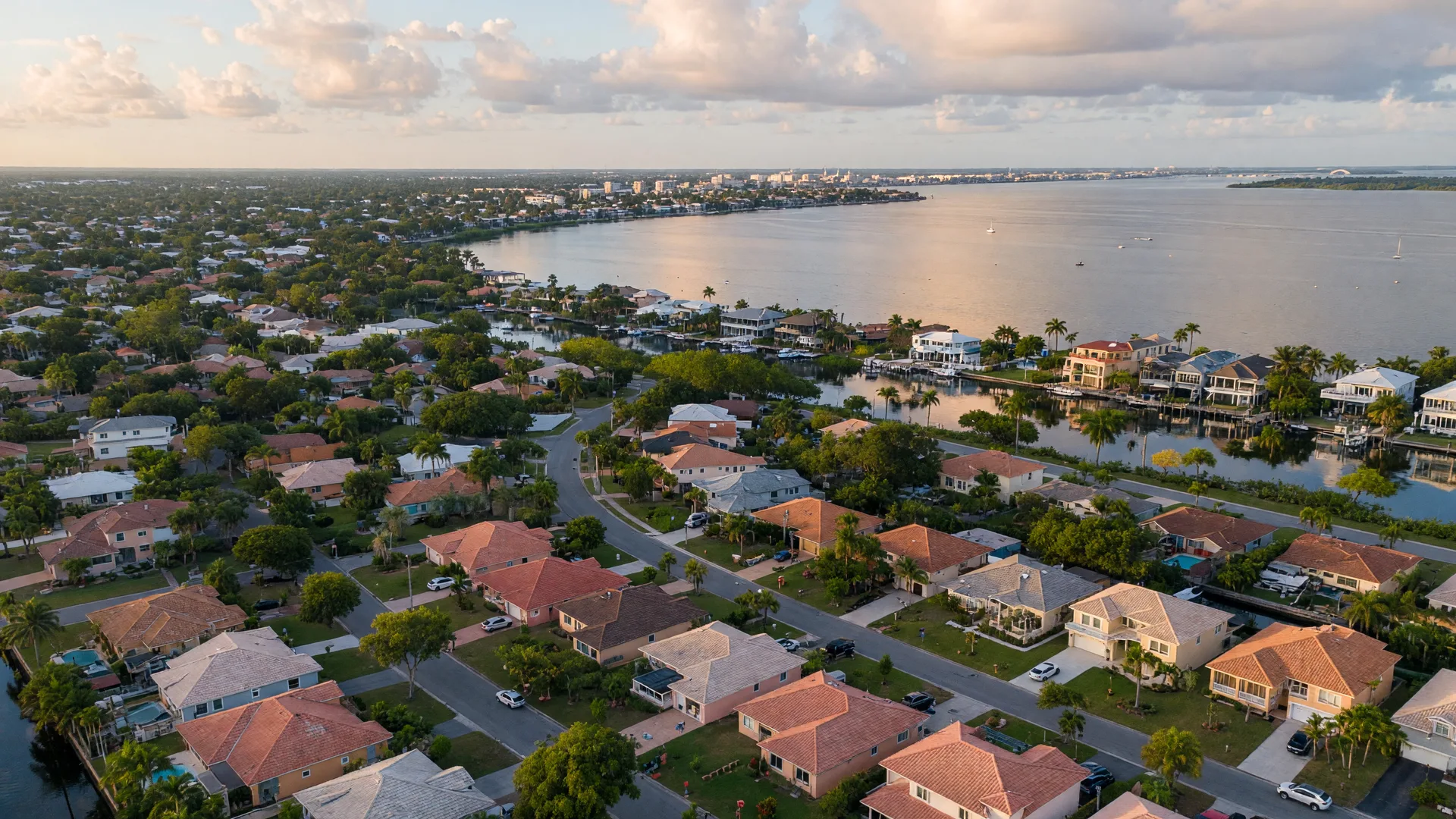 Aerial view of Sarasota Florida neighborhoods with single-family homes, tree-lined streets, and Sarasota Bay in the background on a warm summer morning