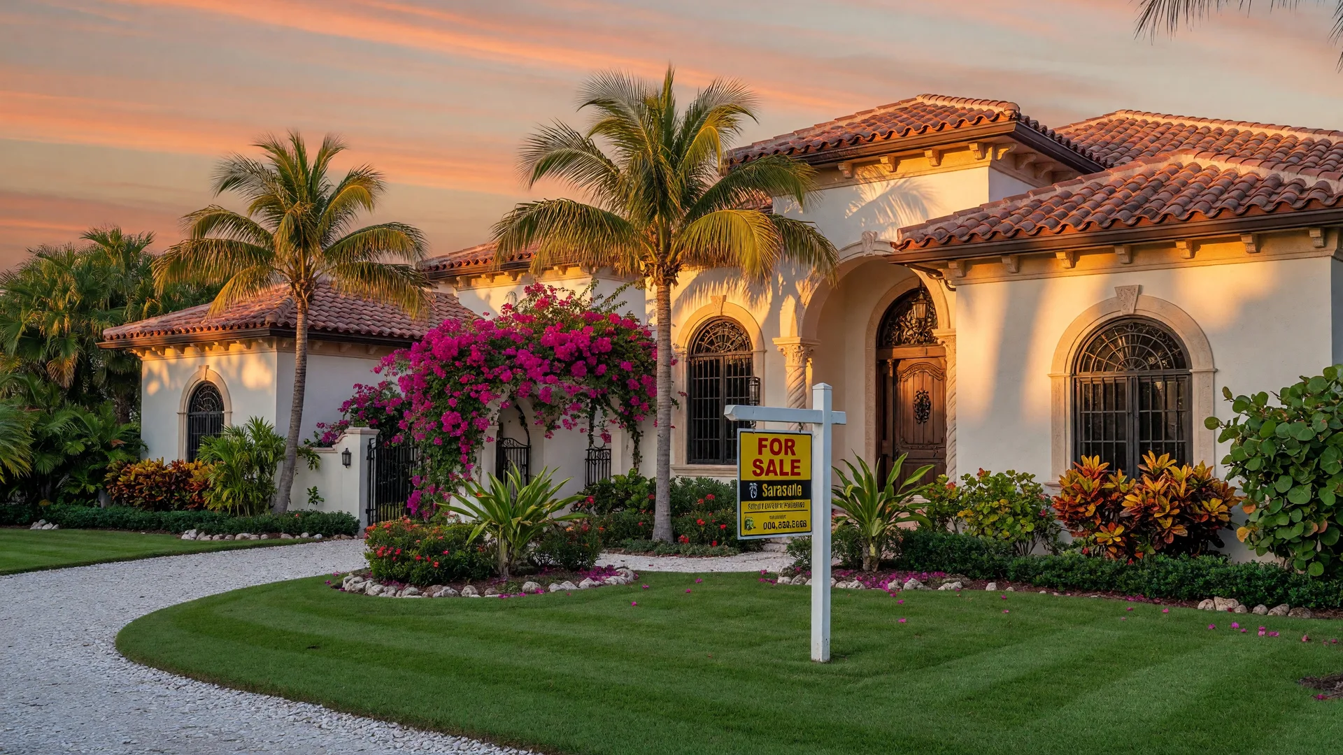 Luxury coastal home exterior in Sarasota with tropical landscaping