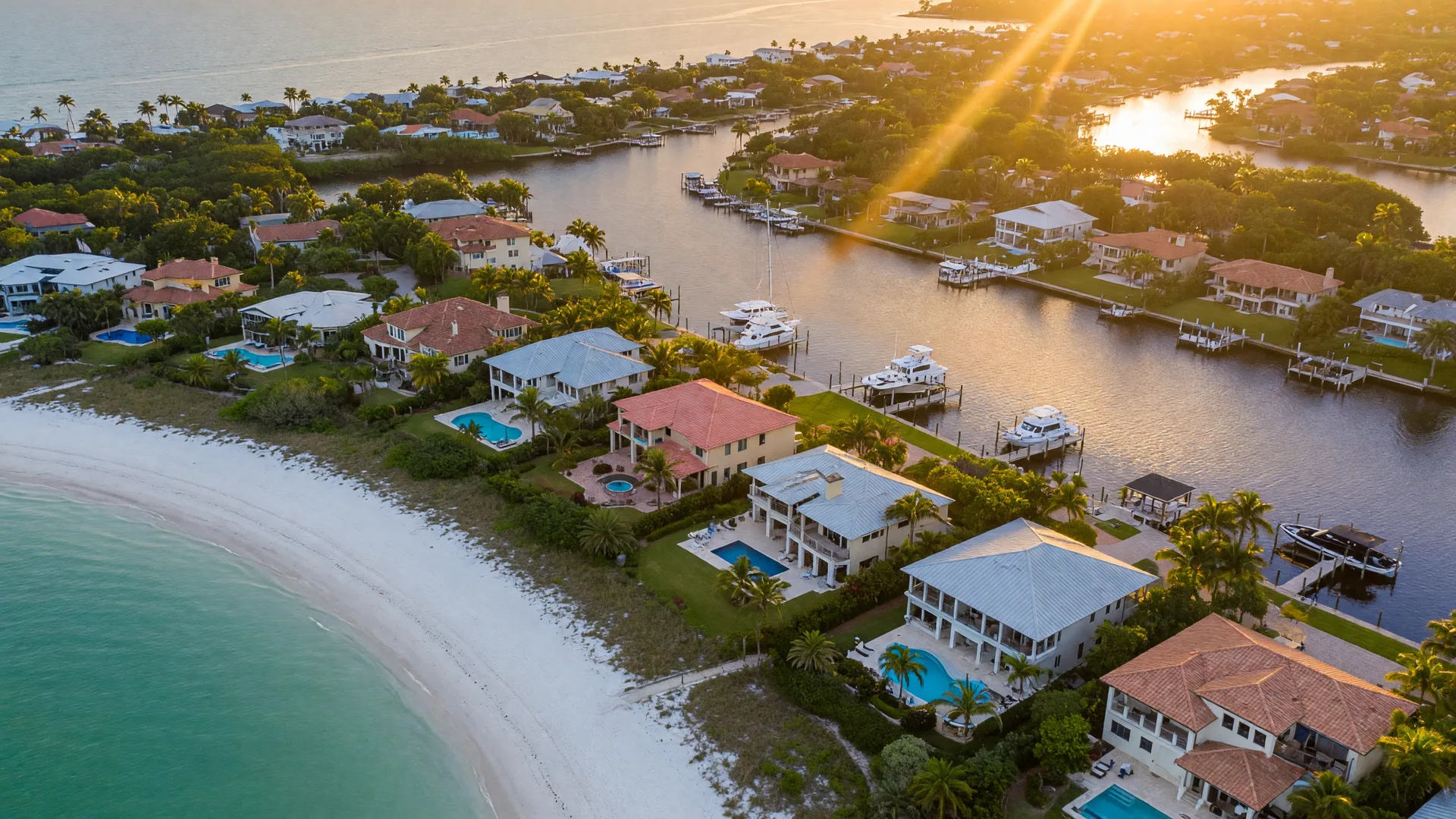 Aerial view of Sarasota Gulf Coast waterfront neighborhoods