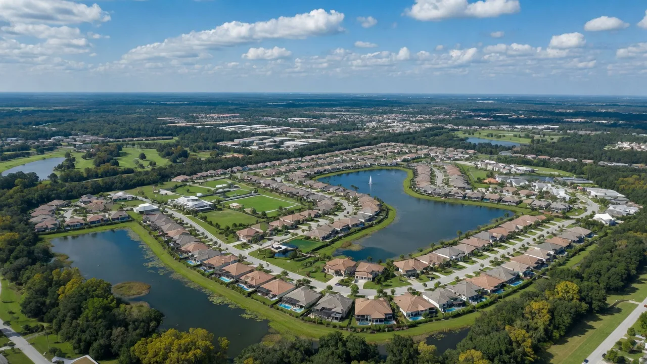 An aerial view of a master-planned community in Florida with lakes and green preserves