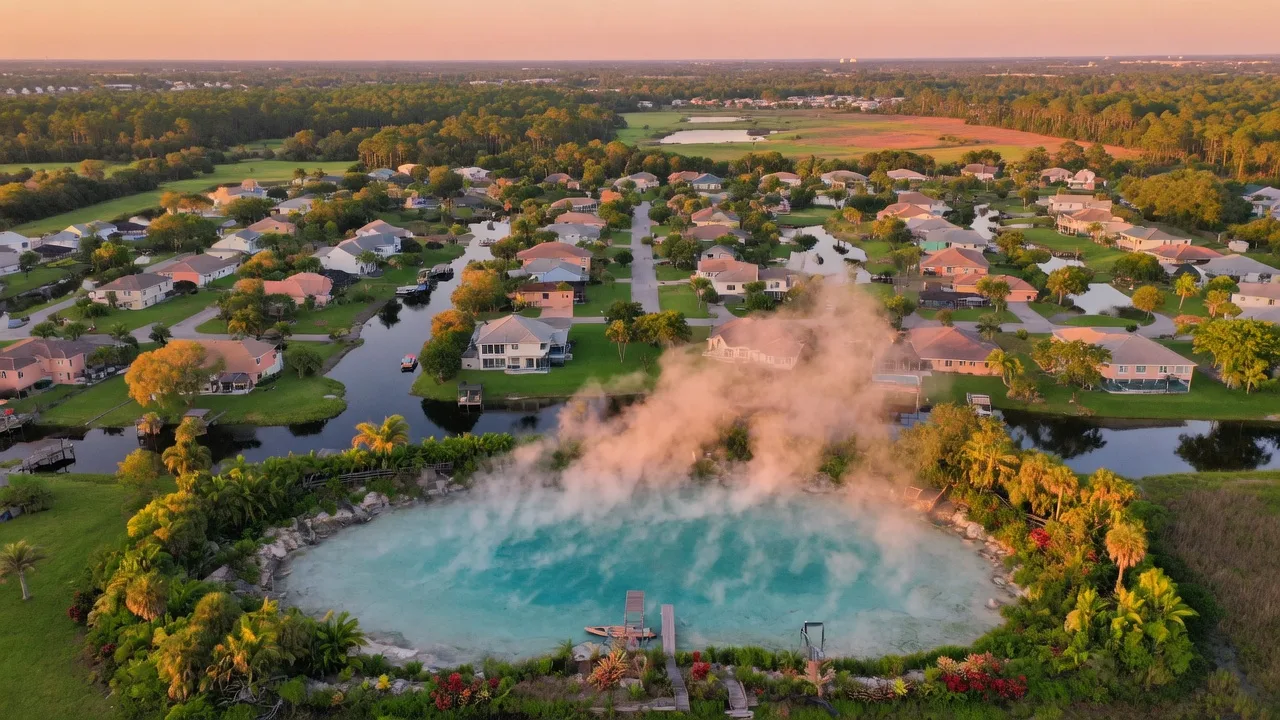 Aerial view of North Port Florida showing residential neighborhoods, freshwater canals, and subtropical green spaces at golden hour