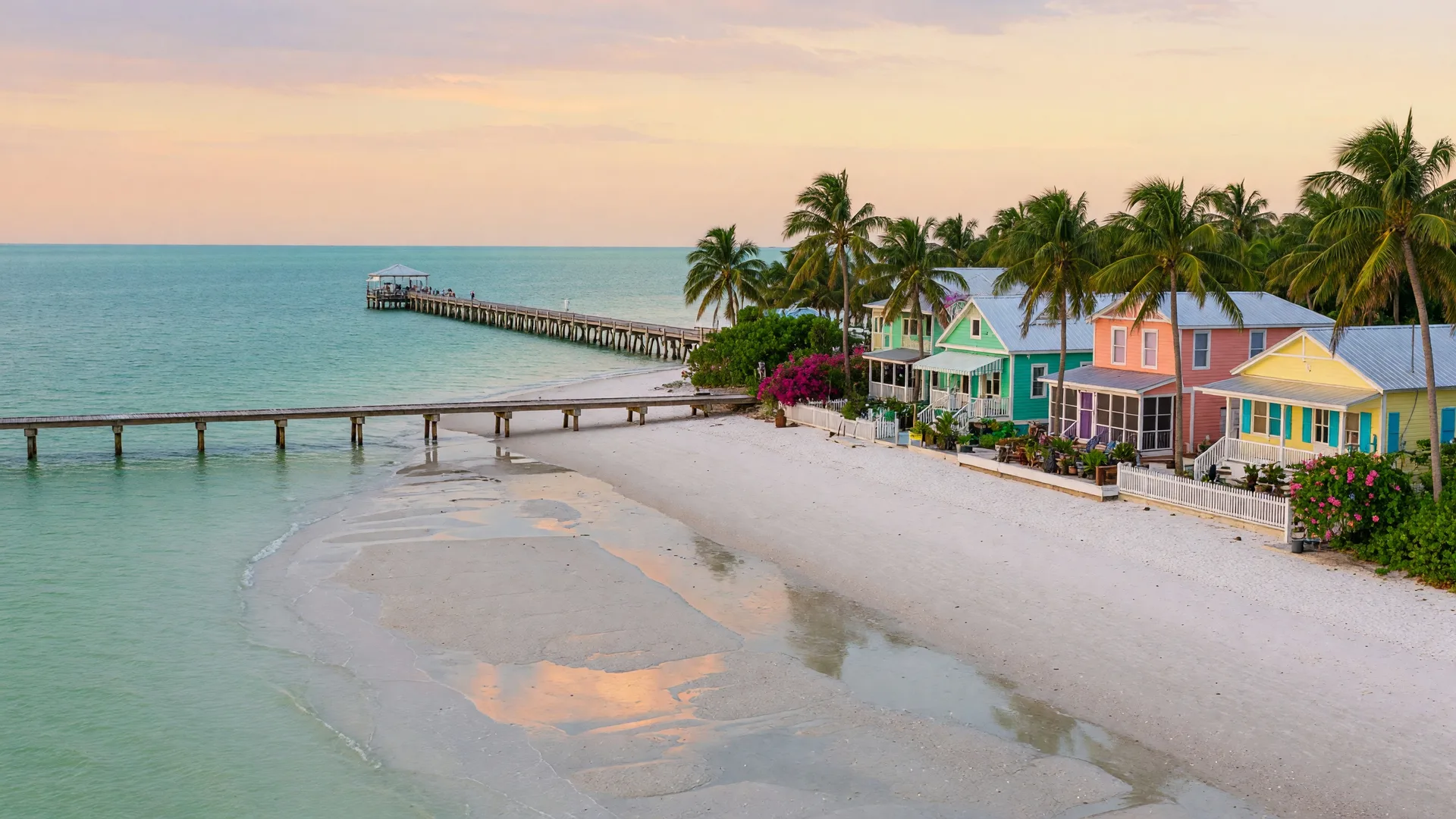Anna Maria Island beach with white sand, turquoise water, and a wooden pier