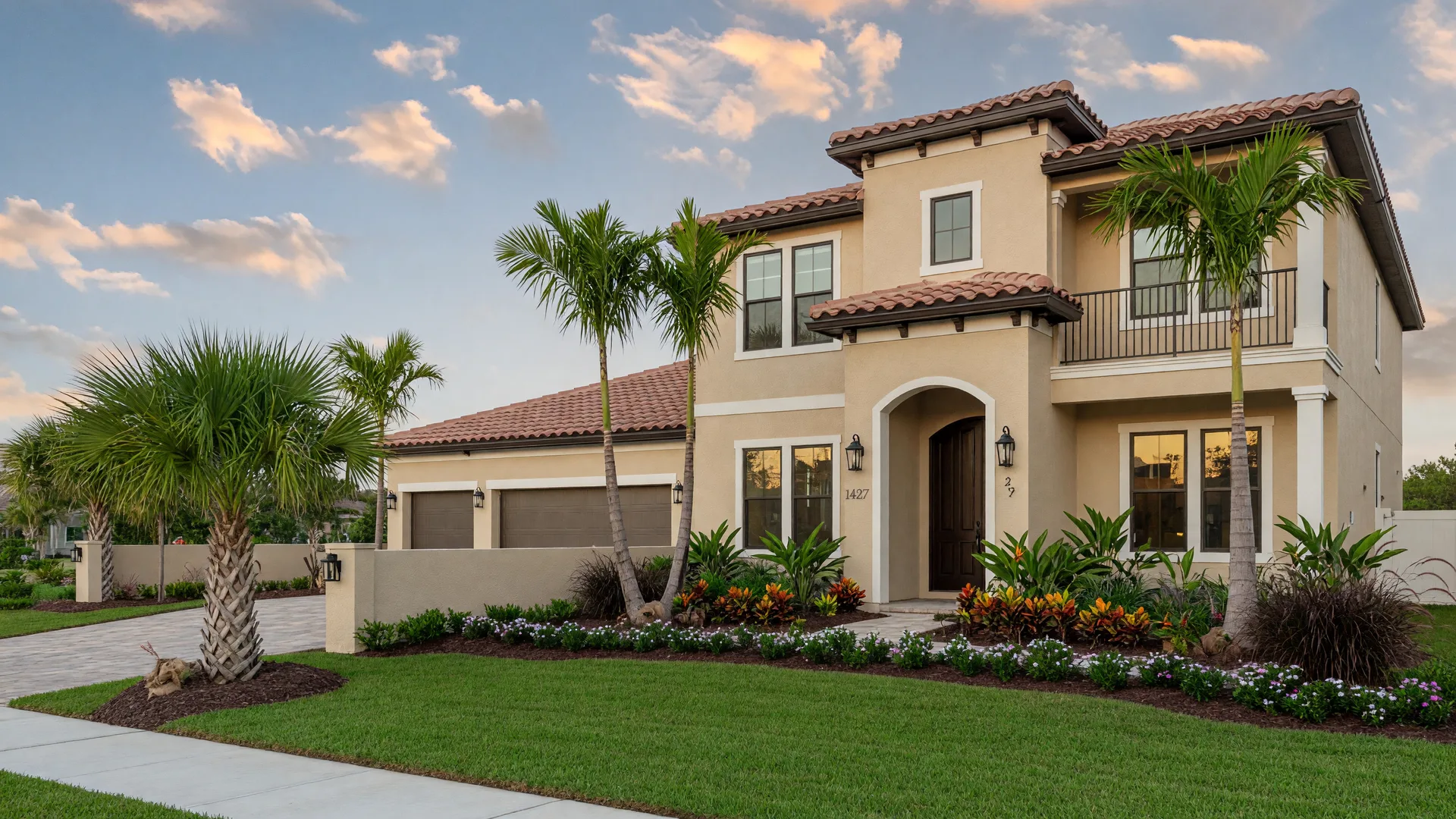 A modern new construction model home in a Florida master-planned community with Mediterranean-inspired architecture, manicured tropical landscaping, and warm afternoon light