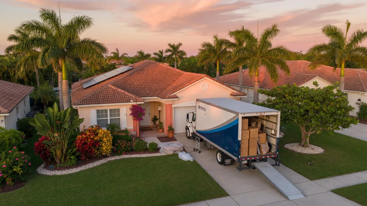 A moving truck parked in front of a charming Florida home with terracotta roof and palm trees
