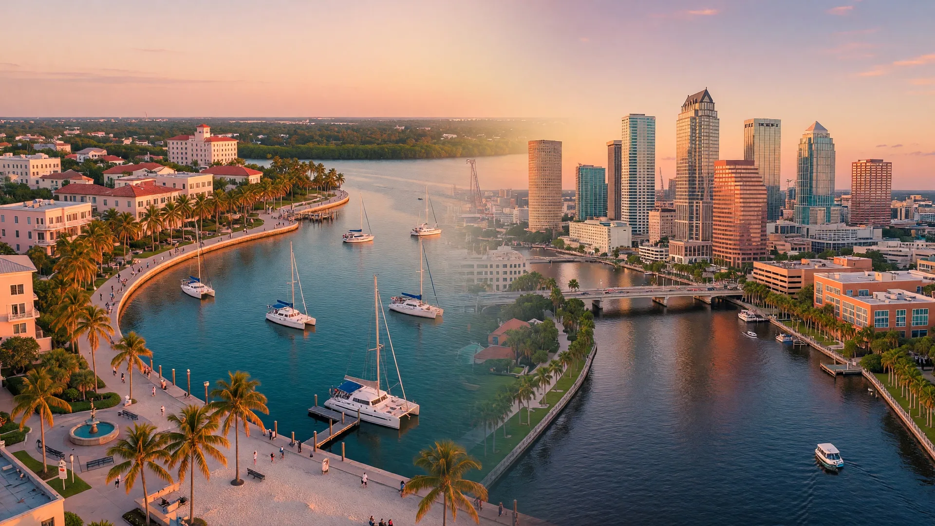A panoramic comparison view of the Sarasota waterfront and Tampa skyline along Florida's Gulf Coast