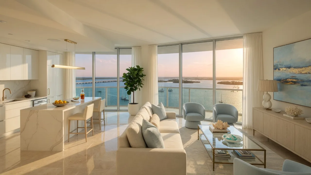 Luxury condo interior at 435 S Gulfstream Ave, Unit 403, Sarasota — open living space with bay views