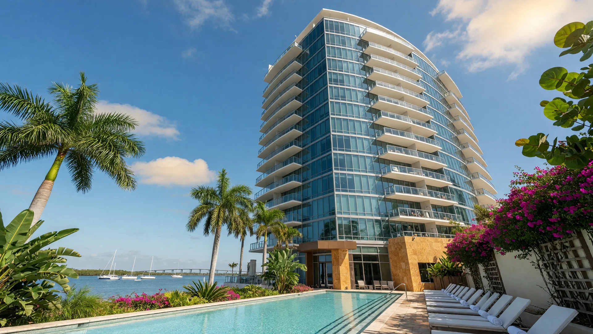 A modern luxury condominium building in Sarasota Florida with curved glass balconies overlooking Sarasota Bay