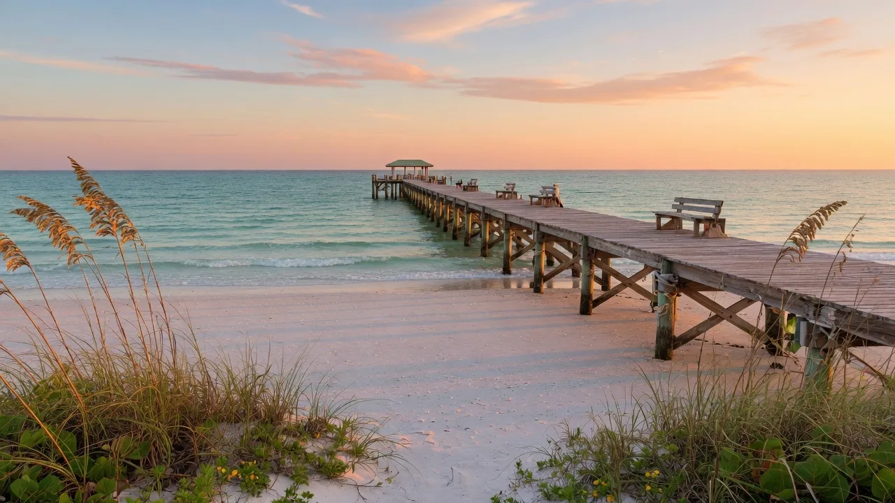 Anna Maria Island beach with white sand, turquoise water, and a wooden pier