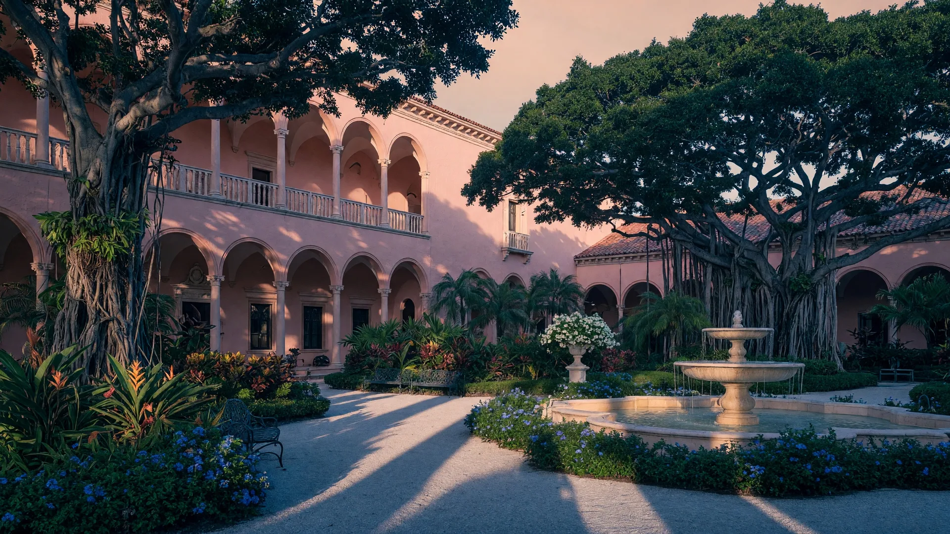 The Ringling Museum of Art in Sarasota with pink stucco architecture and tropical gardens