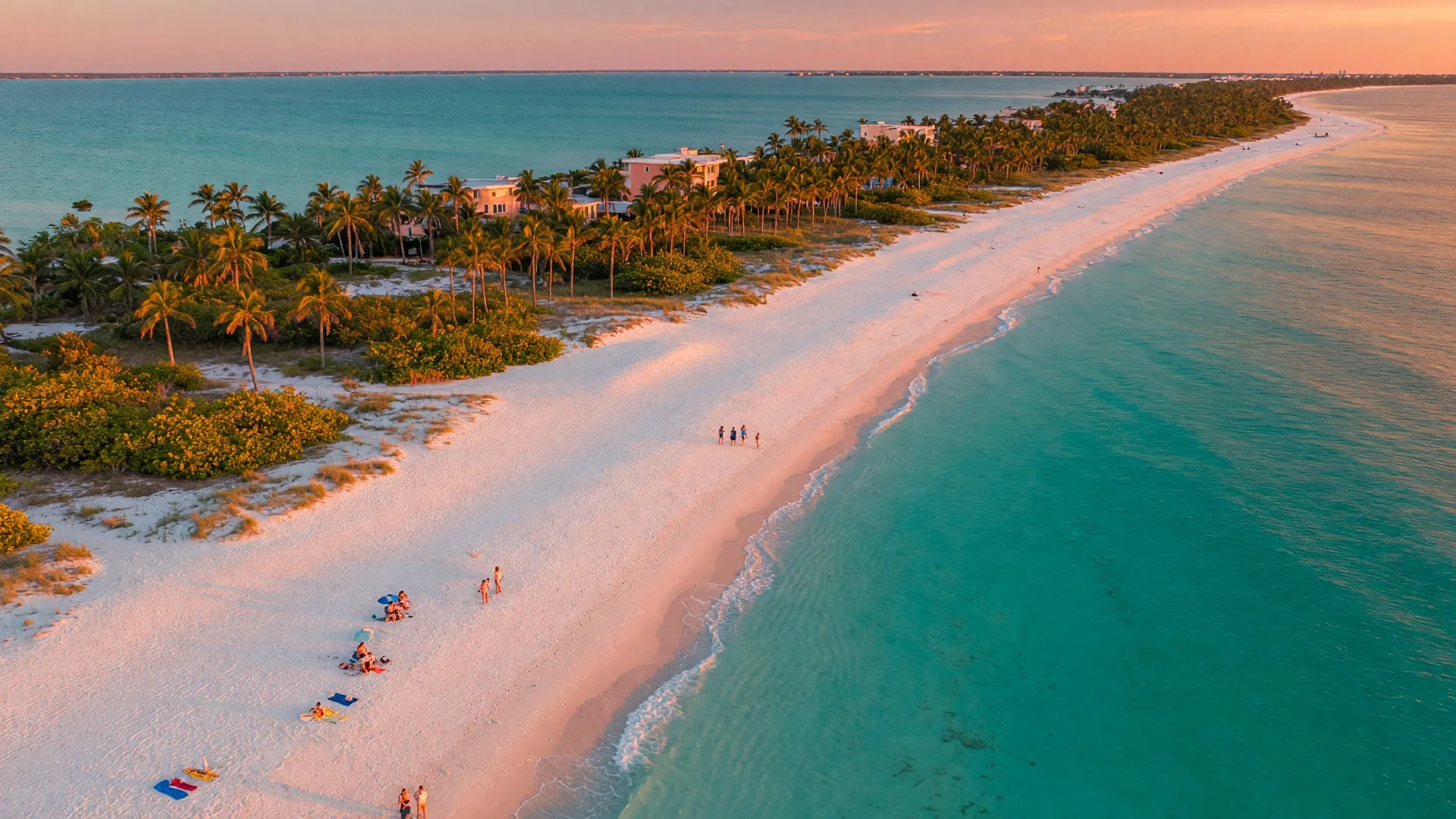 Aerial view of Sarasota's Gulf Coast beaches with turquoise waters and white sand along the barrier islands