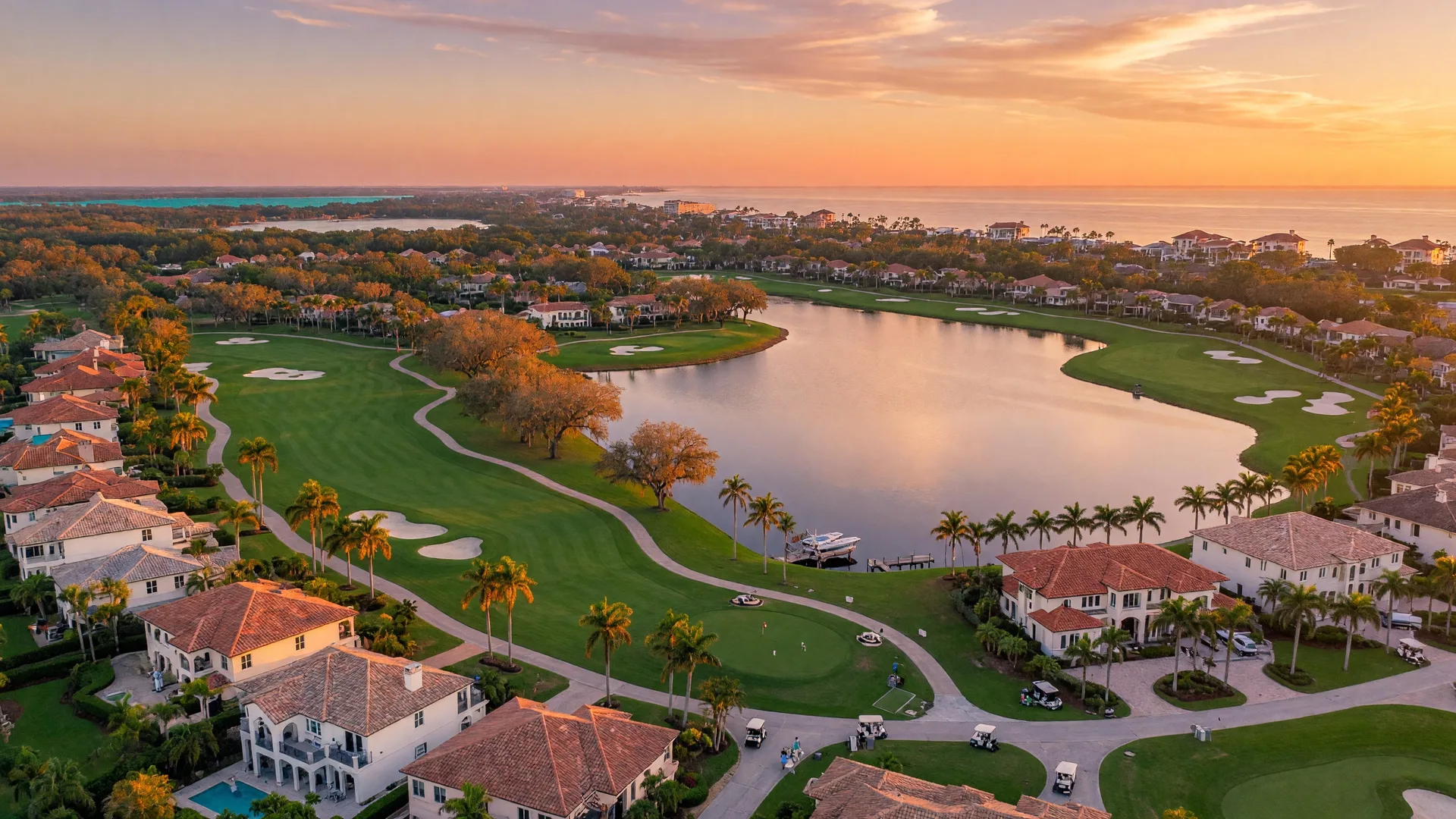 Aerial view of a Florida golf course community with emerald fairways and Mediterranean-style homes