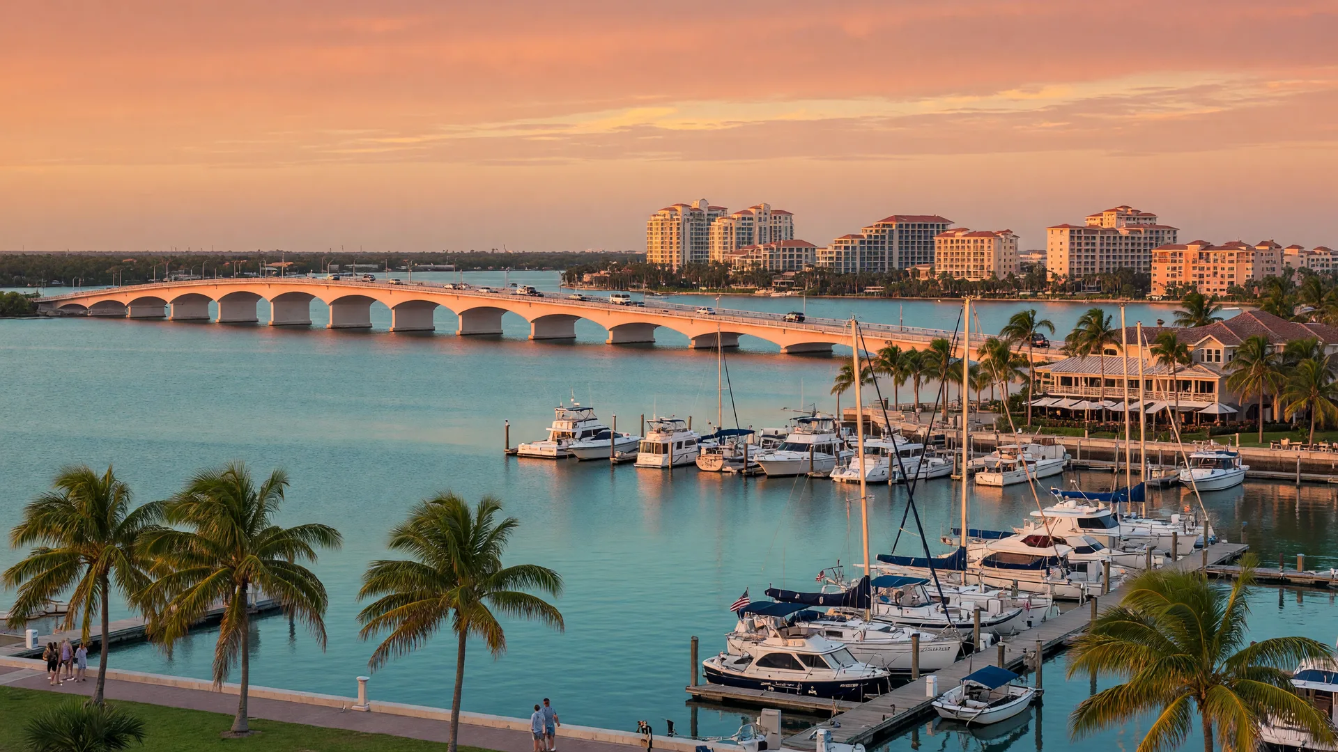 Sarasota bayfront marina with sailboats, the Ringling Bridge in the distance, palm trees, and warm summer evening light reflecting off the water