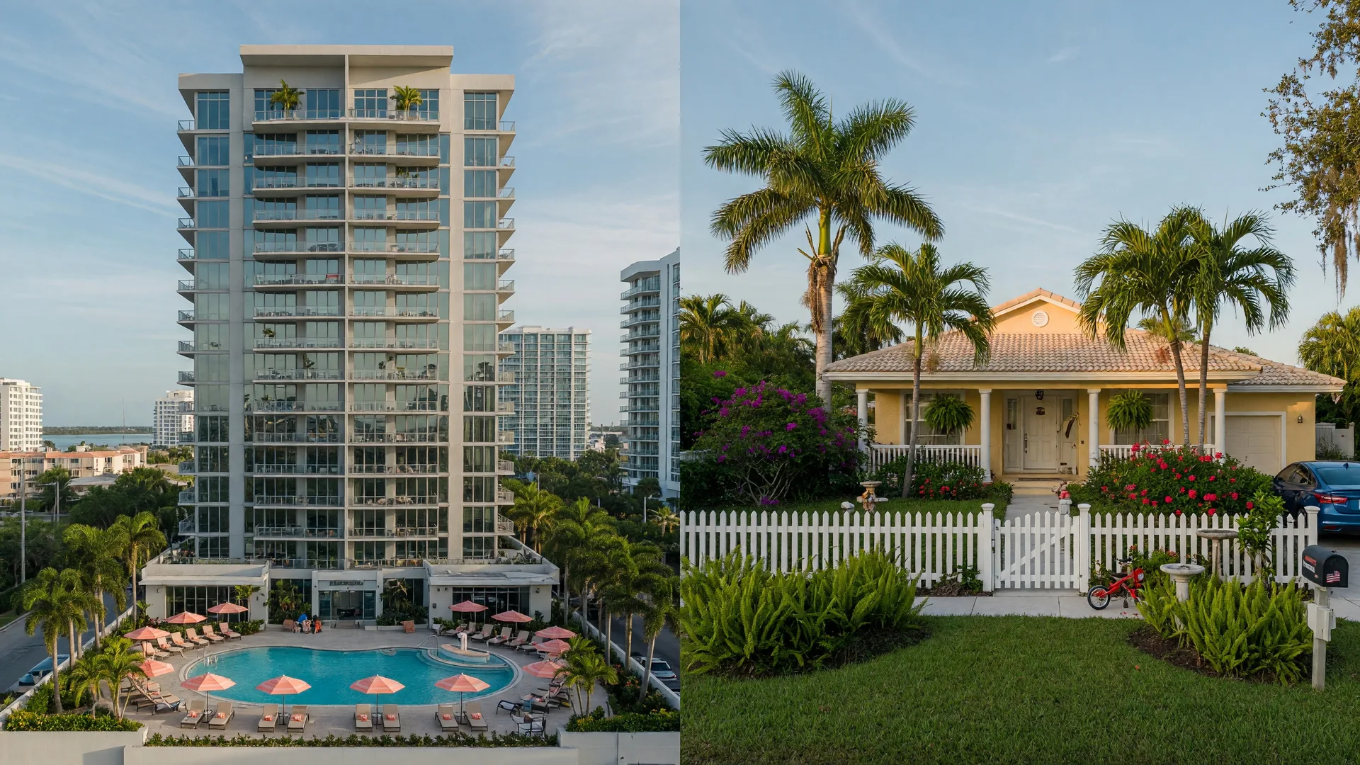 A split composition showing a modern high-rise condominium building in downtown Sarasota with a resort-style pool on one side, and a charming single-family Florida home with palm trees on the other