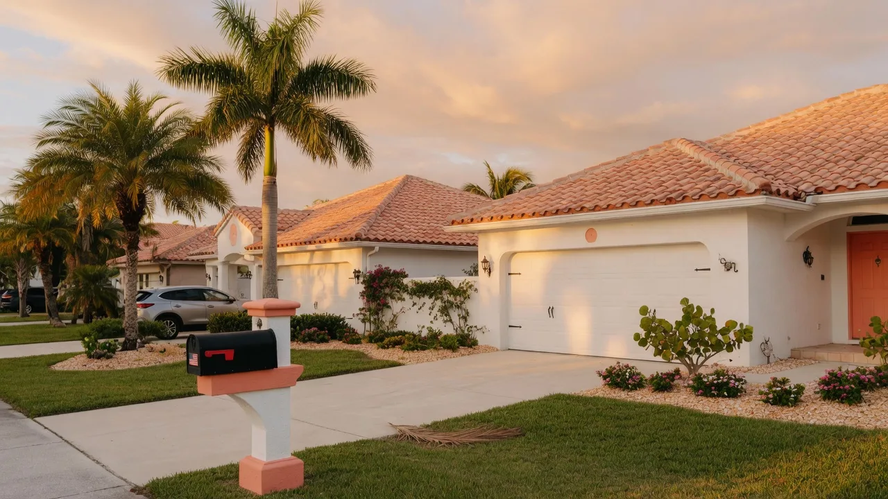A resort-style 55-plus active adult community clubhouse in Florida with a swimming pool, palm trees, and Mediterranean-inspired architecture at golden hour