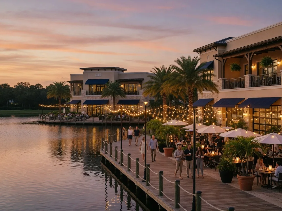 Waterside Place at Lakewood Ranch — a lakefront town center with outdoor dining, string lights, and a boardwalk