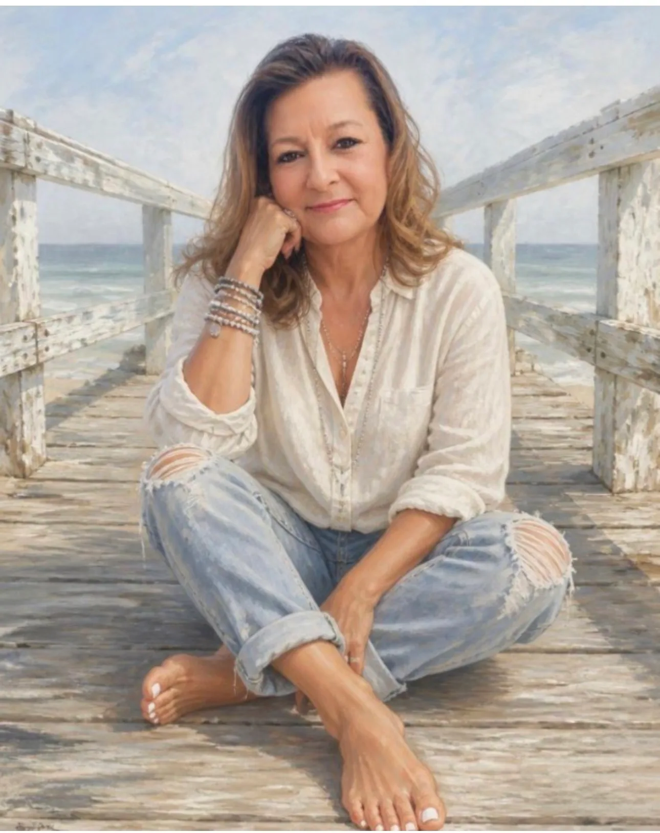 Kim Donahue in a relaxed beach setting, showing her approachable personality