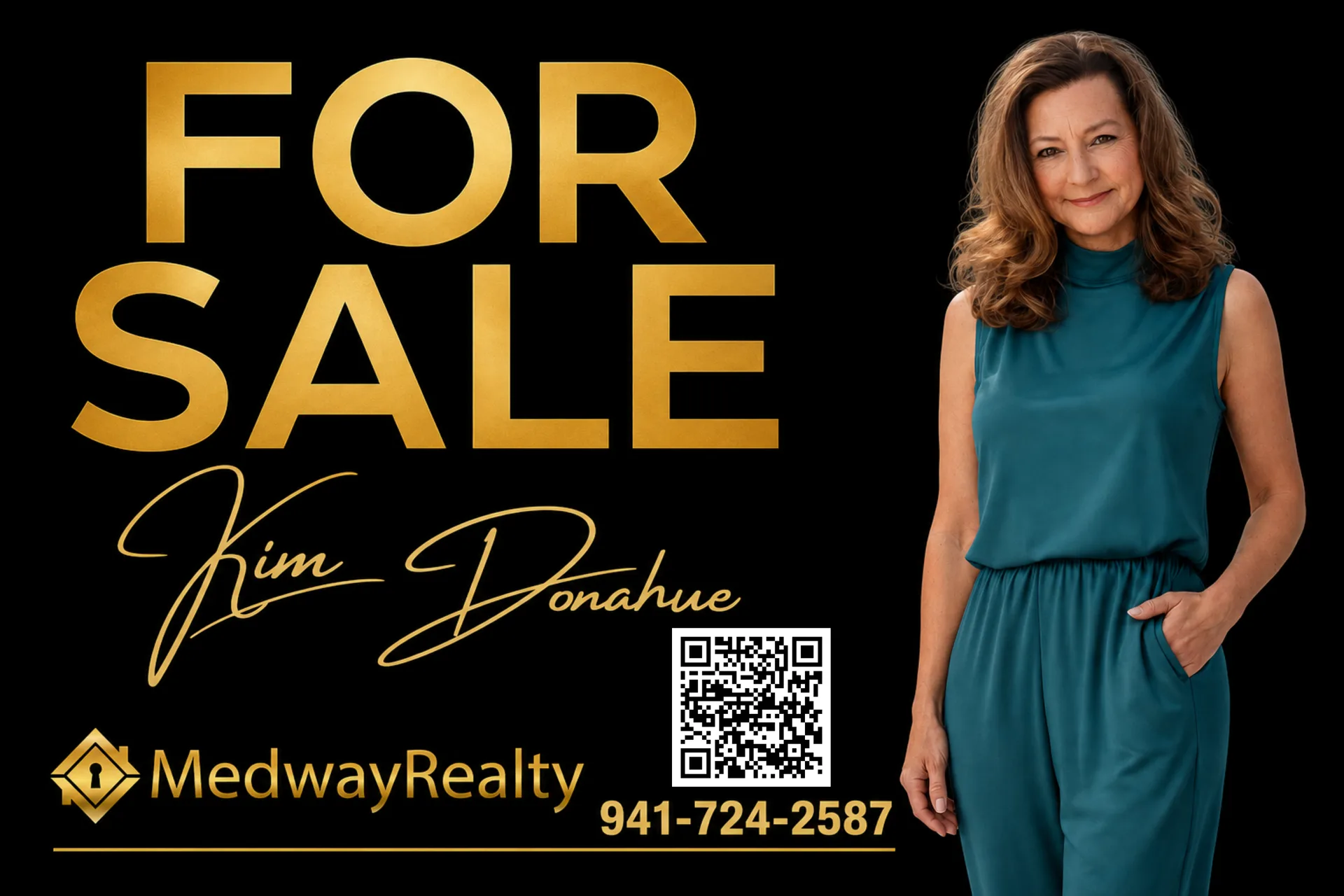 Kim Donahue promotional graphic with services and QR code